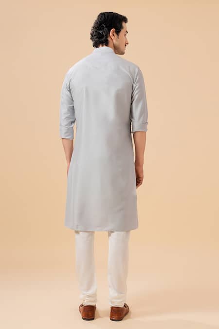Shop_Raghavendra Rathore Blue_Grey Silk Raw Band Collar Kurta _at_Aza_Fashions
