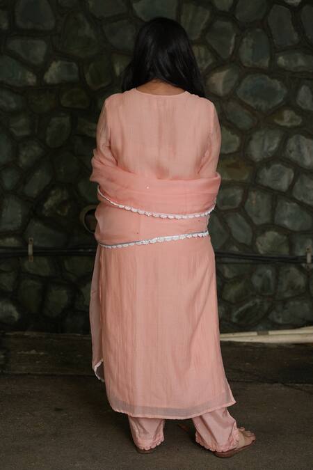 Shop_Pants And Pajamas_Pink Chanderi Embroidery V-neck Popsicle Blush Chikankari Kurta _at_Aza_Fashions