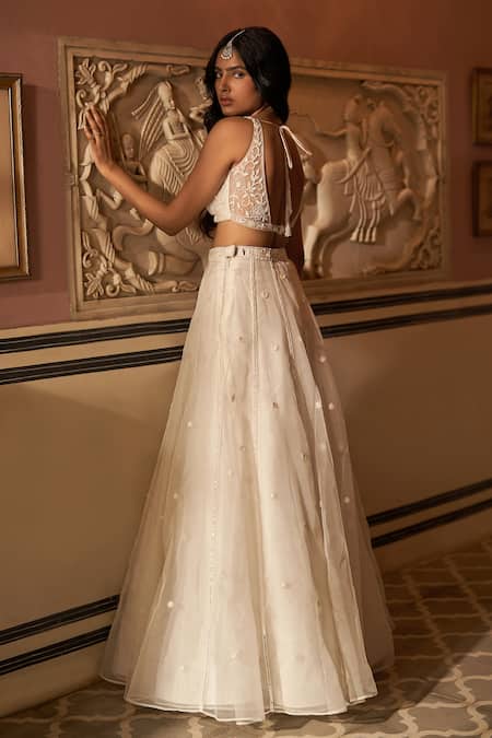 Shop_Zoon_Off White Net, Silk Organza Sequins, Beads Panelled Embroidered Lehenga Set _at_Aza_Fashions