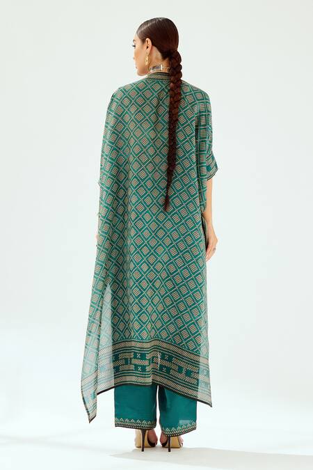 Shop Rajdeep Ranawat Green Silk Embroidery Cowl Neck Montijo Kaftan Tunic at Aza Fashions Shop_Rajdeep Ranawat_Green Silk Embroidery Cowl Neck Montijo Kaftan Tunic_at_Aza_Fashions