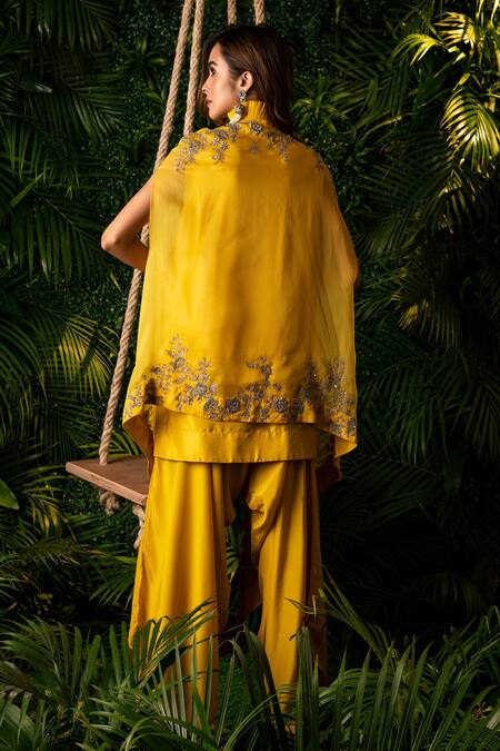 Shop Pallavi Poddar Yellow Organza, Crepe, Cotton Zari, Zardozi Floral Cape And Draped Pant Set at Aza Fashions Shop_Pallavi Poddar_Yellow Organza, Crepe, Cotton Zari, Zardozi Floral Cape And Draped Pant Set _at_Aza_Fashions