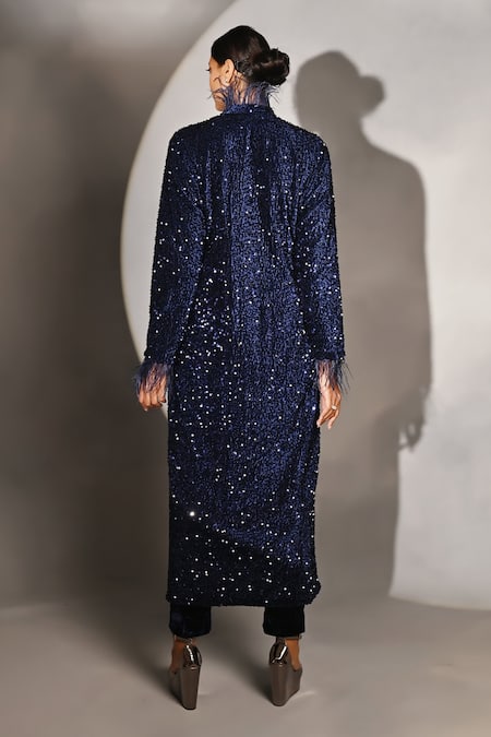 Jyoti Sachdev Iyer Blue Velvet Sequins, Feathers Bandeau Neck Embroidered Jacket And Trouser Set Online at Aza Fashions Jyoti Sachdev Iyer_Blue Velvet Sequins, Feathers Bandeau Neck Embroidered Jacket And Trouser Set _Online_at_Aza_Fashions
