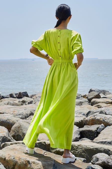 Shop MATI_1 Green Cotton Applique Round Neck Neon Jumpsuit at Aza Fashions Shop_MATI_1_Green Cotton Applique Round Neck Neon Jumpsuit _at_Aza_Fashions