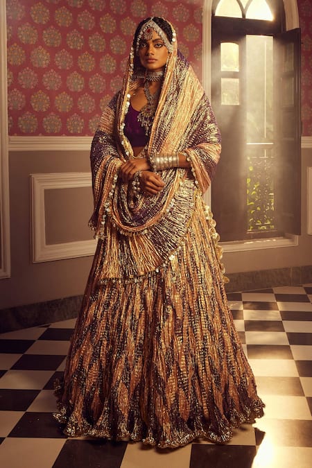 Shop_Etasha By Asha Jain_Pink Velvet, Silk, Tissue Sequins Round Neck Chevron Textured Bridal Lehenga Set _at_Aza_Fashions