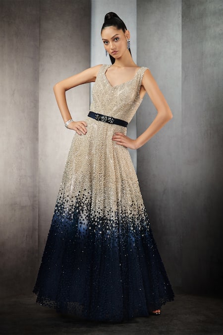 Shop Rohit Gandhi + Rahul Khanna Beige Tulle Sequins, Crystals V-neck Mist Skyfall Ombre Gown With Belt at Aza Fashions Shop_Rohit Gandhi + Rahul Khanna_Beige Tulle Sequins, Crystals V-neck Mist Skyfall Ombre Gown With Belt _at_Aza_Fashions