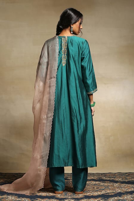 Shop_Weaver Story_Green Dupatta Organza, Handwoven Pure Chanderi, Kurta Lining A Line Set _at_Aza_Fashions