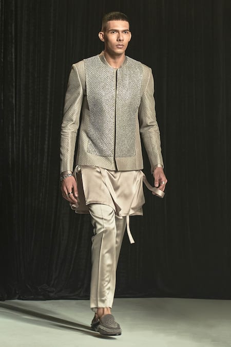 Shop Rohit Gandhi + Rahul Khanna Grey Silk Embroidery Louvers Jacket at Aza Fashions Shop_Rohit Gandhi + Rahul Khanna_Grey Silk Embroidery Louvers Jacket _at_Aza_Fashions