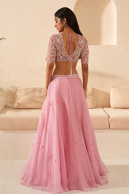 Shop_Zoon_Purple Net, Silk Organza Embroidery, Sequins, Cut Work Scoop Neck Lehenga Set _at_Aza_Fashions