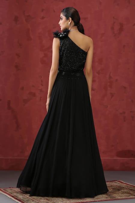 Shop_Minaki_Black Georgette Sequins, Beads, Cut Work One Shoulder Embroidered Gown _at_Aza_Fashions
