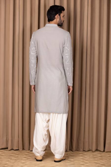 Shop_Ankit V Kapoor_Grey Pure Georgette Embroidered Mirror Work Imran Kurta Set _at_Aza_Fashions