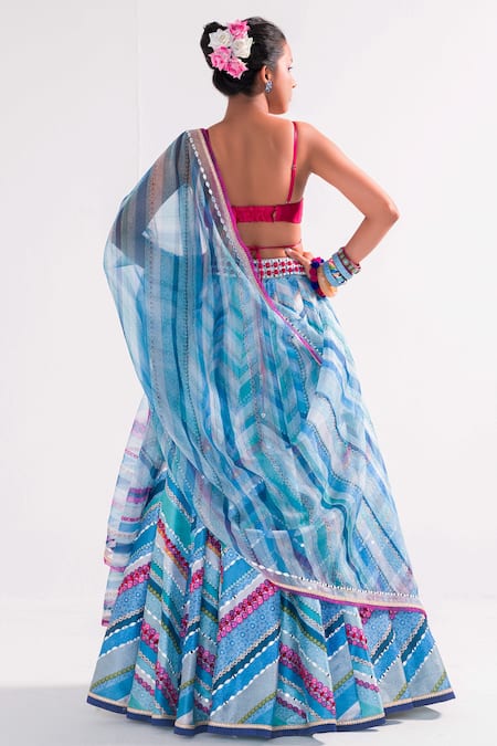 Shop Cedar & Pine Blue Satin, Leather, Organza Beads Square Neck Banjara Embroidered Lehenga Set at Aza Fashions Shop_Cedar & Pine_Blue Satin, Leather, Organza Beads Square Neck Banjara Embroidered Lehenga Set _at_Aza_Fashions