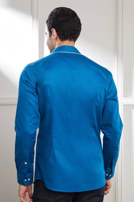 Shop_Seven_Blue Cotton Satin Contrast Piping Detail Shirt _at_Aza_Fashions