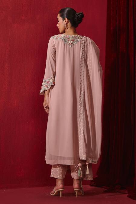 Shop Ajiesh Oberoi Pink Georgette, Rayon Embroidery, Gota Riwaaz Intricate Straight Kurta Set at Aza Fashions Shop_Ajiesh Oberoi_Pink Georgette, Rayon Embroidery, Gota Riwaaz Intricate Straight Kurta Set _at_Aza_Fashions