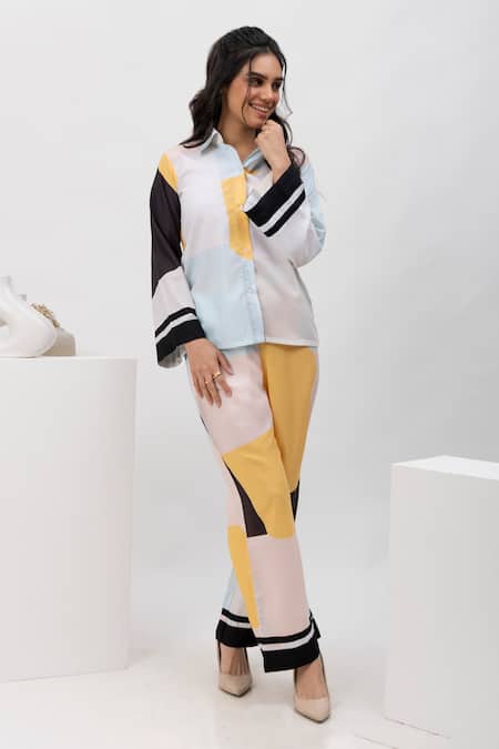 Shop Dawn And Dusk Multi Color Cotton Collared Amber Printed Shirt And Pyjama Set at Aza Fashions Shop_Dawn And Dusk_Multi Color Cotton Collared Amber Printed Shirt And Pyjama Set_at_Aza_Fashions