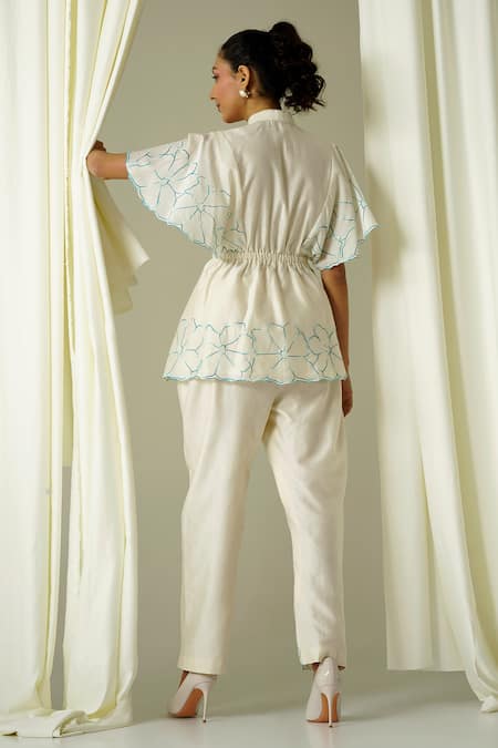 Shop Sakshi Khetterpal Ivory Chanderi Embroidery Bandeau Neck Top And Pant Set at Aza Fashions Shop_Sakshi Khetterpal_Ivory Chanderi Embroidery Bandeau Neck Top And Pant Set _at_Aza_Fashions