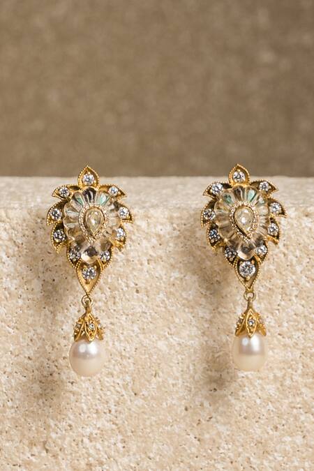 Shop Tarun Tahiliani Ivory Zari, Crystals, Pearls Rock Long Earrings at Aza Fashions Shop_Tarun Tahiliani_Ivory Zari, Crystals, Pearls Rock Long Earrings_at_Aza_Fashions