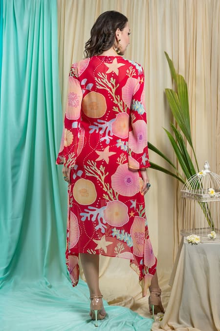 Shop Seams Pret And Couture Red Georgette, Satin Sequins V-neck Calendonia Flared Dress at Aza Fashions Shop_Seams Pret And Couture_Red Georgette, Satin Sequins V-neck Calendonia Flared Dress _at_Aza_Fashions