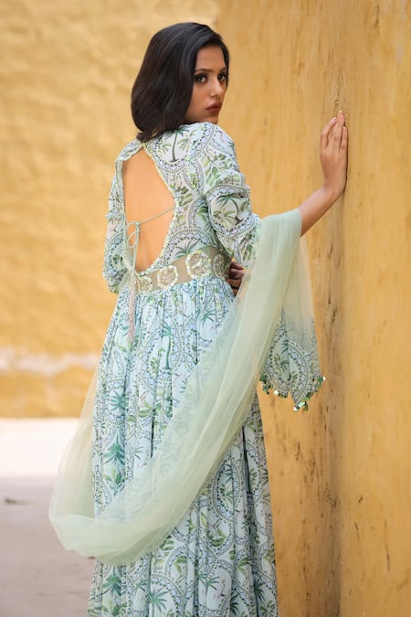 Shop_House Of Tushaom_Green Georgette Printed Tropical Round Anarkali With Dupatta _at_Aza_Fashions