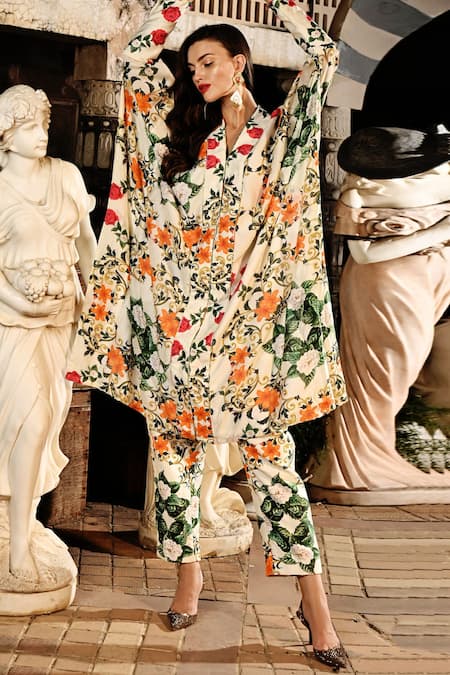 Shop_Sanam_Ivory Organza Tassels Collared Katherine Floral Pattern Kaftan With Pant _at_Aza_Fashions