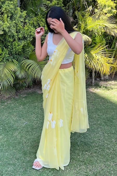 Shop_Meghstudio_Yellow Blouse Piece  Modal Silk Hand Painted Daisy Saree With Unstitched _at_Aza_Fashions