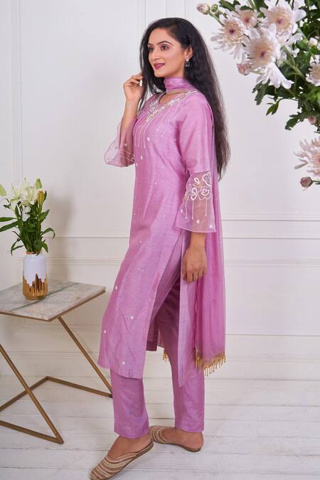 Shop Geetika Jain Purple Silk, Viscose, Organza Pearls, Beads, Placement Embroidered Kurta Set at Aza Fashions Shop_Geetika Jain_Purple Silk, Viscose, Organza Pearls, Beads, Placement Embroidered Kurta Set_at_Aza_Fashions