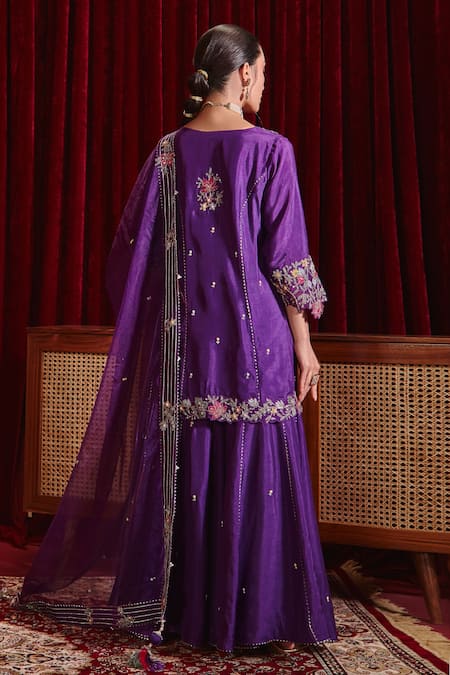Shop Ajiesh Oberoi Purple Silk, Organza Feathers, Embroidery Round Neck Manu Kurta Gharara Set at Aza Fashions Shop_Ajiesh Oberoi_Purple Silk, Organza Feathers, Embroidery Round Neck Manu Kurta Gharara Set _at_Aza_Fashions