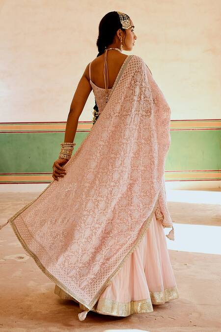 Buy Coral Vegan Silk Embroidery Thread Azmat Chikankari Bridal Lehenga Set  For Women by Safaa Online at Aza Fashions.
