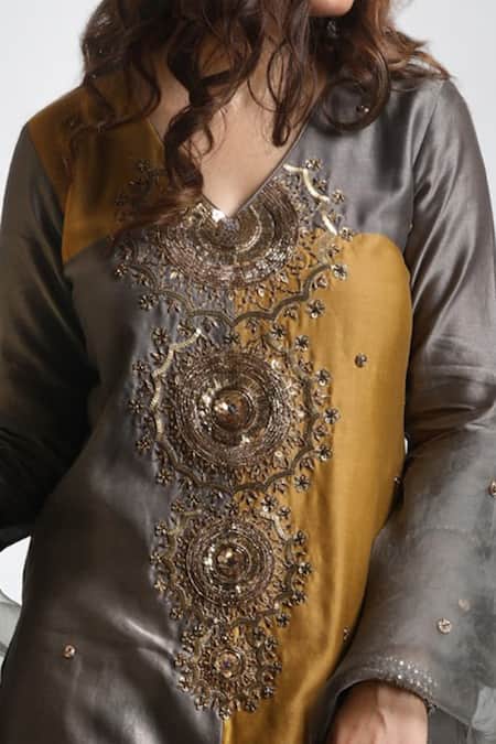 Shop_Mona And Vishu_Gold Dupatta  Organza, Kurta And Pant  Dupion Silk Embroidered Straight Set _at_Aza_Fashions