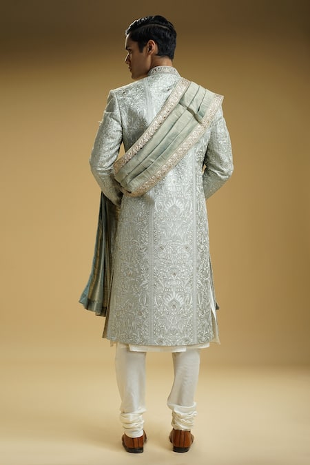 Shop Kommal Sood Green Silk Beads, Embroidery Flower And Emboss Effect Sherwani Set at Aza Fashions Shop_Kommal Sood_Green Silk Beads, Embroidery Flower And Emboss Effect Sherwani Set _at_Aza_Fashions