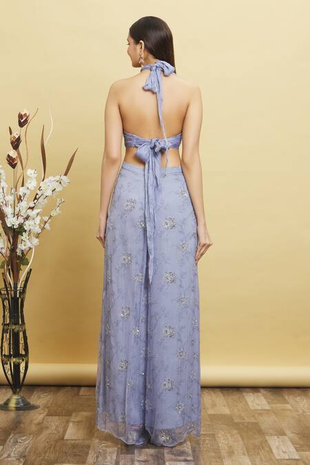 Shop_Pleats By Kaksha And Dimple_Purple Pure Georgette Floral Print, Sequin, Neck Crop Top And Flared Pant Set_at_Aza_Fashions