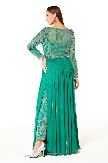 Rabani & Rakha_Green Chiffon Hand Embroidered Sequins Boat Adah Anarkali And Pant Set  _Online_at_Aza_Fashions