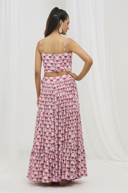 Shop Yuvraani Jaipur Pink Muslin, Organza, Silk Embroidery, Floral Hand Block Print Lehenga Set at Aza Fashions Shop_Yuvraani Jaipur_Pink Muslin, Organza, Silk Embroidery, Floral Hand Block Print Lehenga Set _at_Aza_Fashions