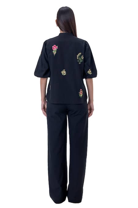 Shop Gaya Multi Color Cotton Embroidered Floral Band Collar Blossom Shirt at Aza Fashions Shop_Gaya_Multi Color Cotton Embroidered Floral Band Collar Blossom Shirt _at_Aza_Fashions