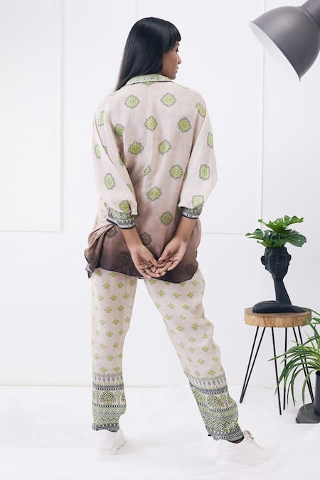 Shop_Soup by Sougat Paul_Beige Cotton, Silk Collared Ela Printed Co-ord Set _at_Aza_Fashions