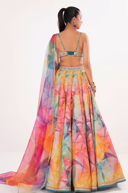 Shop_Cedar & Pine_Multi Color Organza, Brocade Sequins Sweetheart Kaleidoscope Print Lehenga Set _at_Aza_Fashions