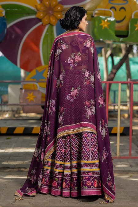 Shop Irrau By Samir Mantri Multi Color Organza Embroidery Plunge Neck Floral Chevron Print Lehenga Set at Aza Fashions Shop_Irrau By Samir Mantri_Multi Color Organza Embroidery Plunge Neck Floral Chevron Print Lehenga Set _at_Aza_Fashions