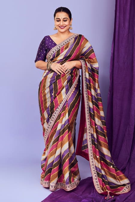 Shop_Punit Balana_Pink Organza Silk And Embroidery Stripe & Marodi Saree With Blouse _at_Aza_Fashions