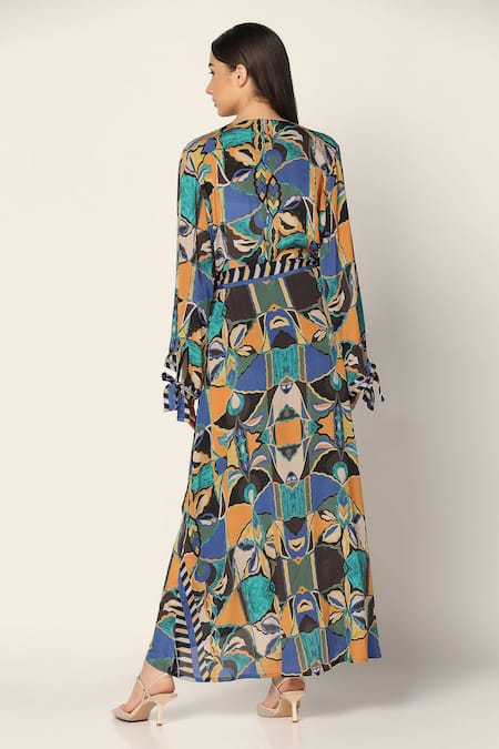 Shop Two Sisters By Gyans Blue Crepe Embroidery V-neck Geometric Print Wrap Up Dress at Aza Fashions Shop_Two Sisters By Gyans_Blue Crepe Embroidery V-neck Geometric Print Wrap Up Dress _at_Aza_Fashions