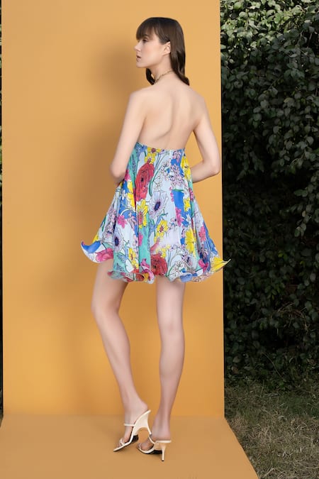 Mandira Wirk Resort Blue Chiffon Hibiscus Print Halter Neck Dress Online at Aza Fashions Mandira Wirk Resort_Blue Chiffon Hibiscus Print Halter Neck Dress _Online_at_Aza_Fashions