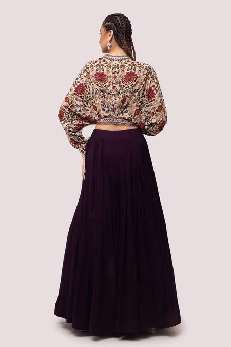 Shop Onaya Wine Georgette Pearls, Beads, Embroidery V-neck Floral Print Jacket And Skirt Set at Aza Fashions Shop_Onaya_Wine Georgette Pearls, Beads, Embroidery V-neck Floral Print Jacket And Skirt Set_at_Aza_Fashions