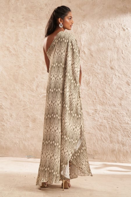 Shop Aditi Somani Green Modal, Satin Tassels, Embroidery Asymmetric One Shoulder Gown at Aza Fashions Shop_Aditi Somani_Green Modal, Satin Tassels, Embroidery Asymmetric One Shoulder Gown _at_Aza_Fashions