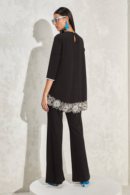 Shop Namrata Joshipura Black Moss Crepe Hand Embellished Floral Wisteria Overlap Top And Pant Co-ord Set at Aza Fashions Shop_Namrata Joshipura_Black Moss Crepe Hand Embellished Floral Wisteria Overlap Top And Pant Co-ord Set_at_Aza_Fashions