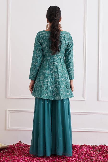 Shop Shipraa Grover Green Chanderi, Georgette Embroidery Square Neck Safira Kurta Sharara Set at Aza Fashions Shop_Shipraa Grover_Green Chanderi, Georgette Embroidery Square Neck Safira Kurta Sharara Set _at_Aza_Fashions