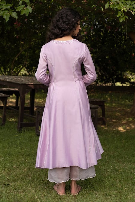 Shop_Zoon_Purple , Cotton, Organza Chanderi Side Tie Anarkali Pant Set _at_Aza_Fashions