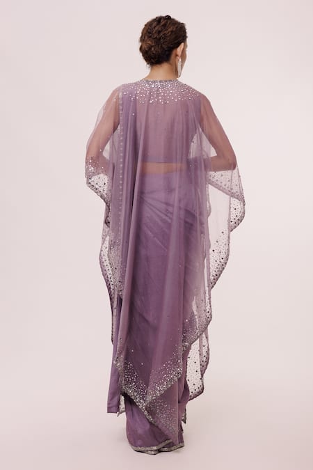 Shop Onaya Purple Silk Embellished Sequin V Neck Jacket And Pre-stitched Saree Set at Aza Fashions Shop_Onaya_Purple Silk Embellished Sequin V Neck Jacket And Pre-stitched Saree Set _at_Aza_Fashions