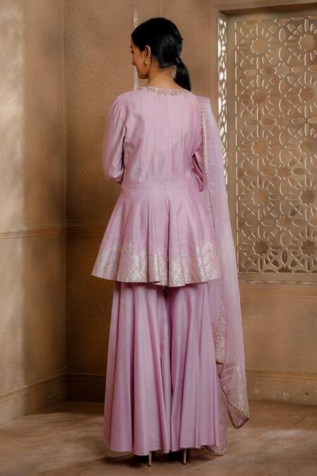 Shop Omana By Ranjana Bothra Purple Chanderi, Organza Zari, Gota Patti Round Neck Haya Short Anarkali Set at Aza Fashions Shop_Omana By Ranjana Bothra_Purple Chanderi, Organza Zari, Gota Patti Round Neck Haya Short Anarkali Set _at_Aza_Fashions