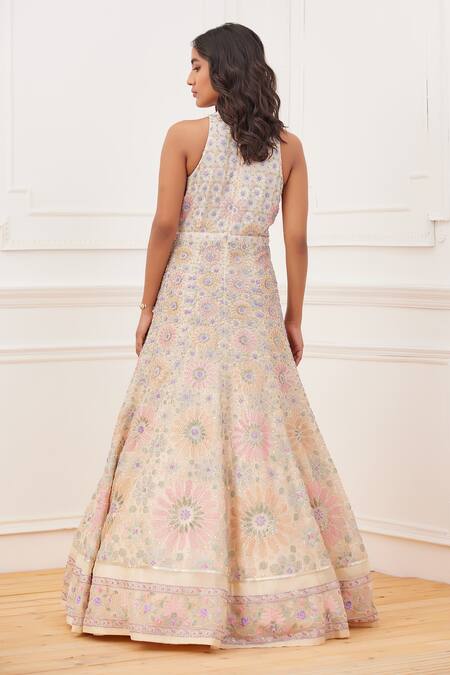 Shop_Rahul Mishra_Yellow Silk Embroidery Thread And Sequin Halter Inara Gown _at_Aza_Fashions