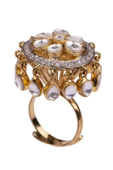 Shop Vasundhara Gold Plated Gota Patti, Diamonds Floral Embellished Ring at Aza Fashions Shop_Vasundhara_Gold Plated Gota Patti, Diamonds Floral Embellished Ring _at_Aza_Fashions