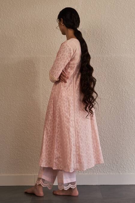 Shop_Label Mansi Nagdev_Pink Anarkali Cotton Hand Block Print And Embroidered Rose Floral Pattern Set _at_Aza_Fashions