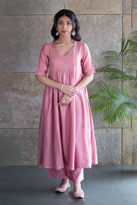 Shop Cupid Cotton Pink Chanderi Silk Lace, Embroidery Round Neck Kalidar Kurta Pant Set at Aza Fashions Shop_Cupid Cotton_Pink Chanderi Silk Lace, Embroidery Round Neck Kalidar Kurta Pant Set _at_Aza_Fashions